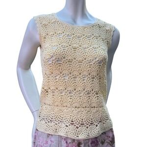 Vintage Handmade Crochet Tank Top Pastel Yellow Open Knit Boho Cottagecore Sz S